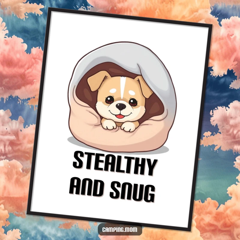Funny Dog Poster: A charming artwork print of a dog with a mischievous grin peeking out from under a sleeping bag.