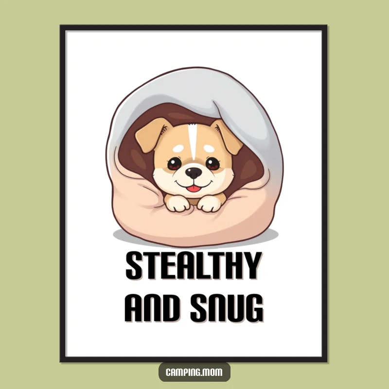 Funny Dog Sleeping Bag Poster - Mischievous Pup Art Print, Perfect Gift for Campers