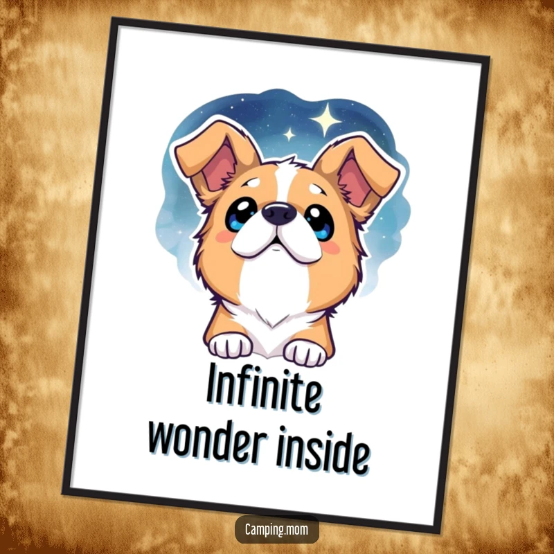 Funny Dog Poster: A stunning depiction of a dog with bright, sparkling eyes enchanted by a vast, beautiful starry night sky.