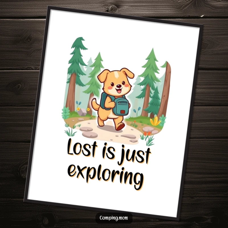 Funny dog with a backpack striding happily down a scenic forest trail, captured as a vibrant wall art print.