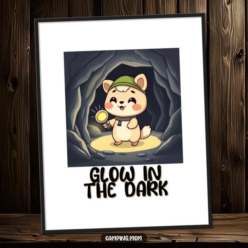 Funny camping animal poster print, giggling while holding a flashlight, exploring a dark cave, capturing brave and humorous curiosity.