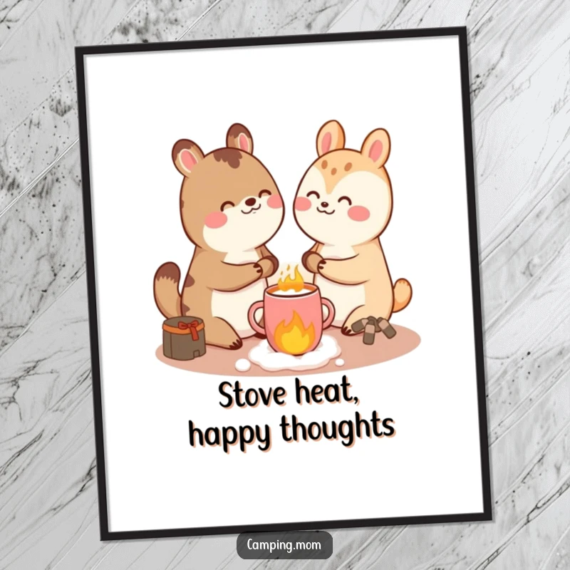 Funny giggling animal character cherishing a warm cup of hot cocoa beside a cozy stove, rendered as vibrant wall art.