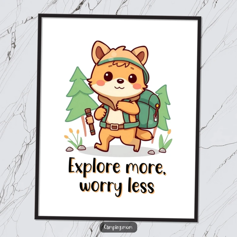 Funny camping animal character hiking with a backpack, displayed as charming wall art poster.