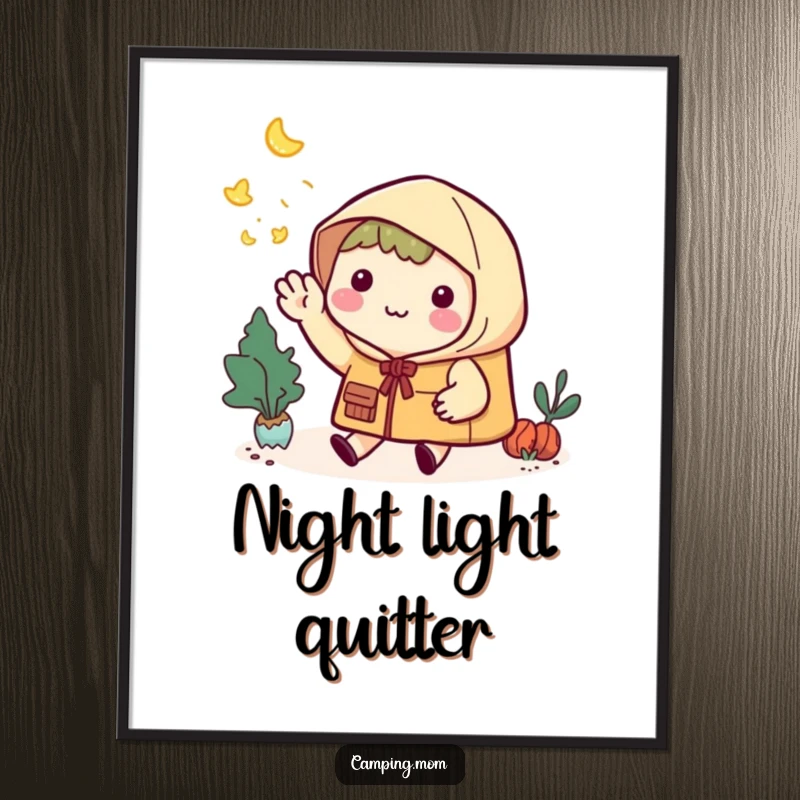 Funny Poster: Kawaii camping character with a sweet smile waving goodbye to a swarm of fireflies.