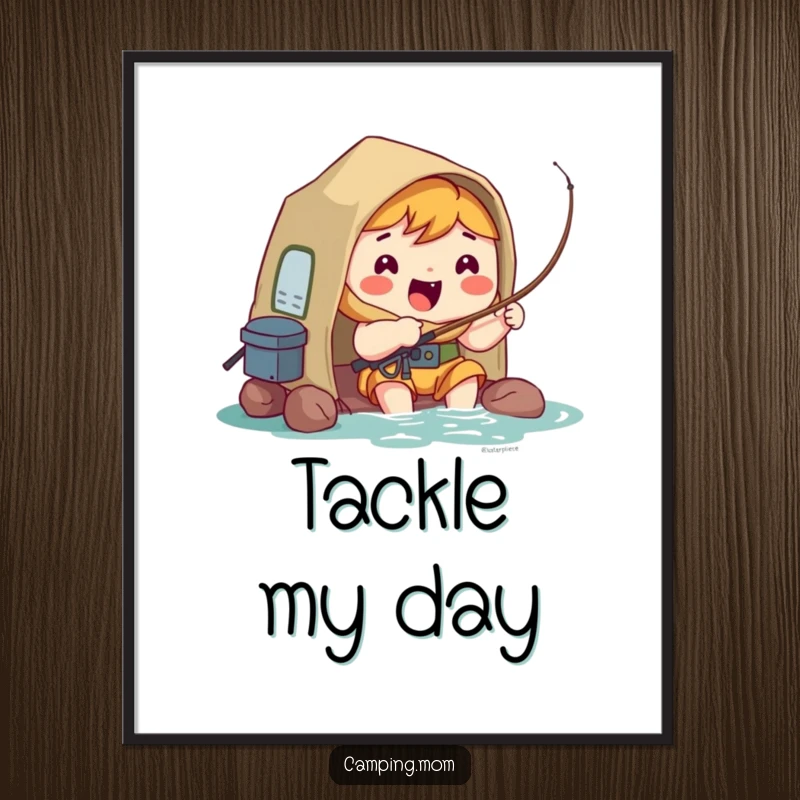 Funny Poster: Kawaii camping character sitting by water, fishing with a hopeful and excited expression.