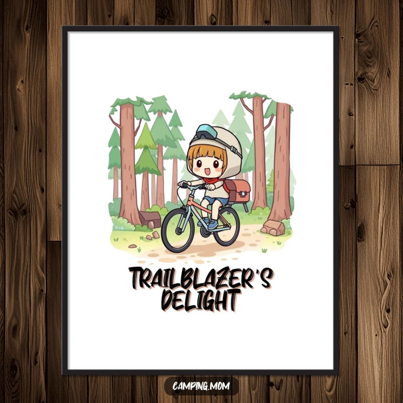 Funny Poster: Kawaii camping character bicycling with extreme glee on a forest path, full of joy.