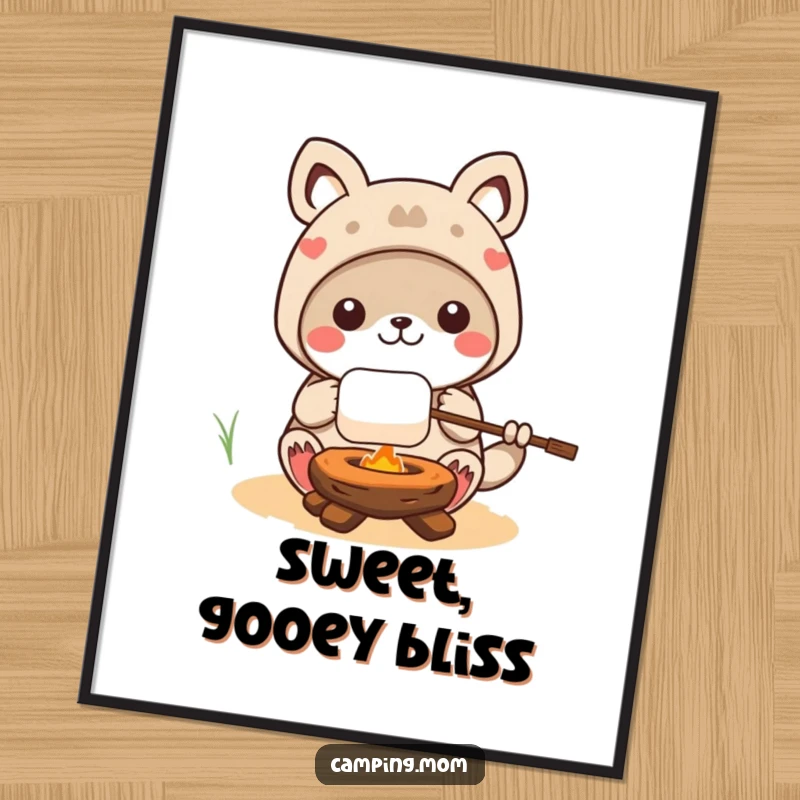 Funny kawaii camping animal character creating a perfectly roasted marshmallow on a stick, presented as charming wall art.