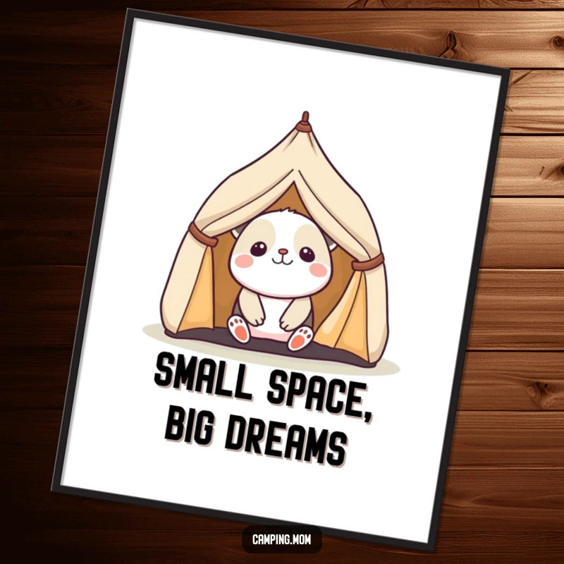 Funny poster print of a kawaii camping animal peeking with delight from a tiny tent, bringing a cheerful outdoor vibe.