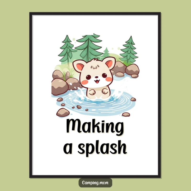 Funny Kawaii Camping Poster: Joyful Stream Splash Art - Refreshing Decor