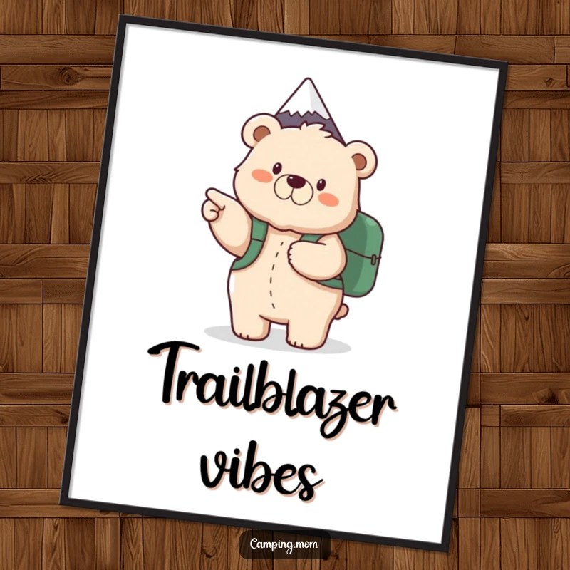 Funny poster of a fluffy mama bear with a backpack, excitedly pointing towards a majestic mountain peak, inspiring outdoor adventures.