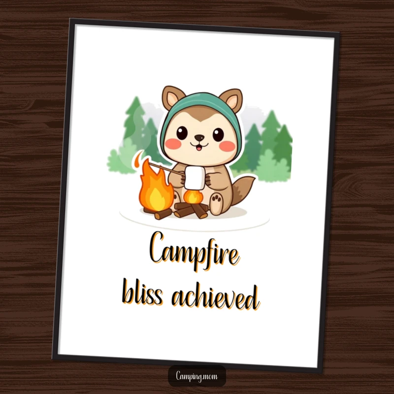 Funny camping animal character proudly displaying a campfire marshmallow, as charming wall art.