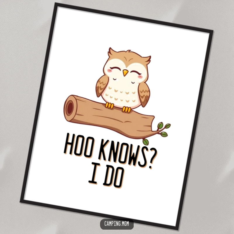 Funny poster art of a contented owl hooting happily with closed eyes, perched on a log, bringing cheerful woodland charm.