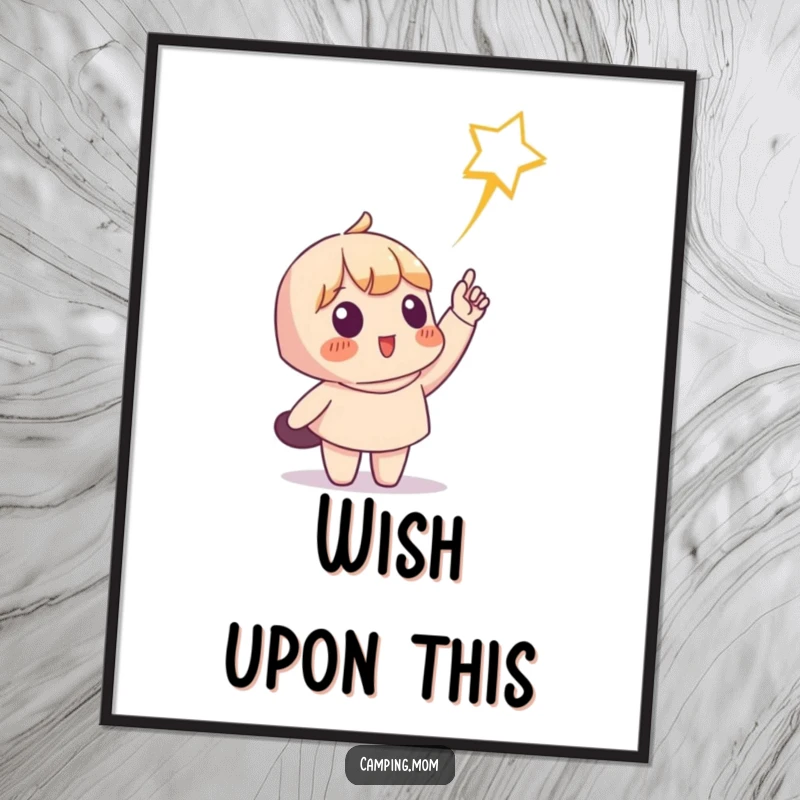 Funny poster art of a character pointing at a shooting star, symbolizing dreams and hope with a humorous, magical touch. Excellent funny gift.