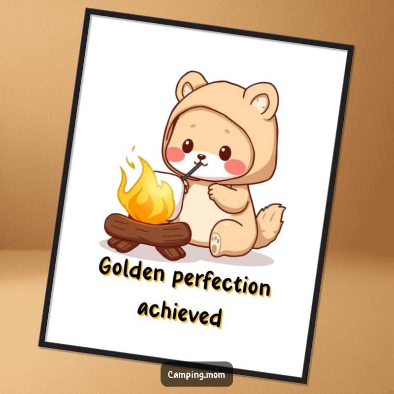 Funny camping mom poster, illustrating an animal mom roasting a perfectly golden marshmallow, evoking campfire nostalgia and joy.
