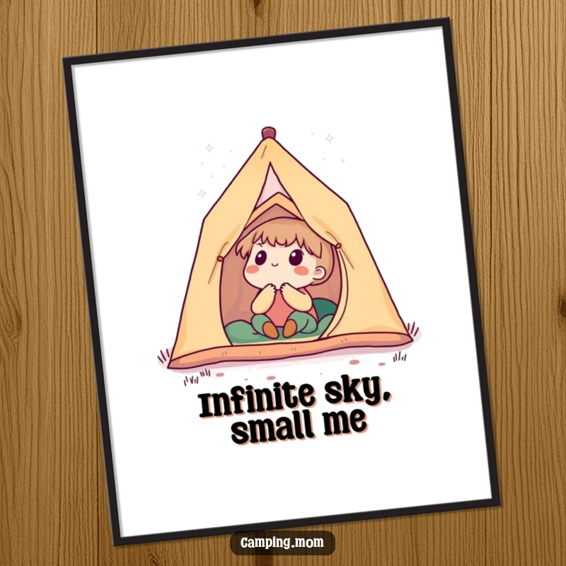 Funny poster of a cute camping character in a tent, looking up with wide eyes at a spectacular, star-filled night sky.