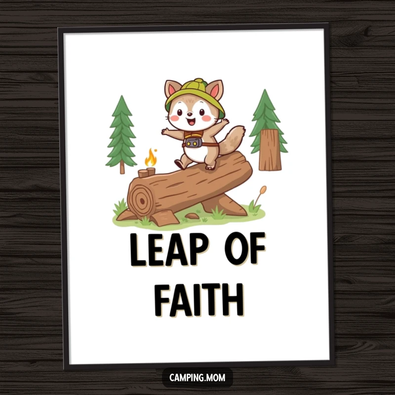 Funny camping animal character gleefully skipping over a log, displayed as charming wall art.