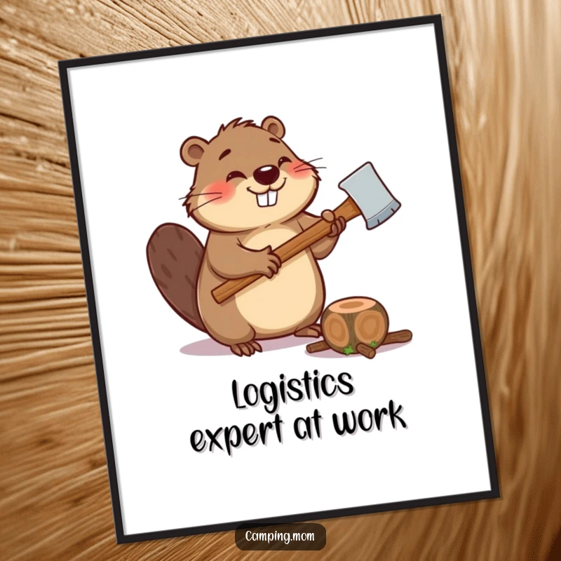 Funny poster art of a giggling beaver with an axe, ready to chop a small log, adding playful energy to walls.
