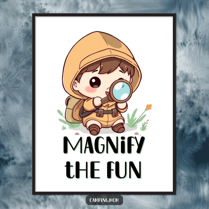 Funny Poster: Kawaii camping character examining nature closely with a magnifying glass, filled with wonder.