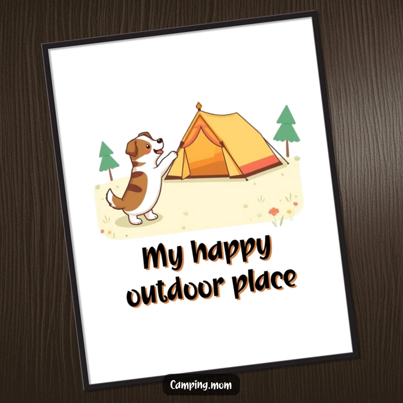 Funny dog pointing with excitement at a colorful tent in a forest clearing, as a fun wall art print.