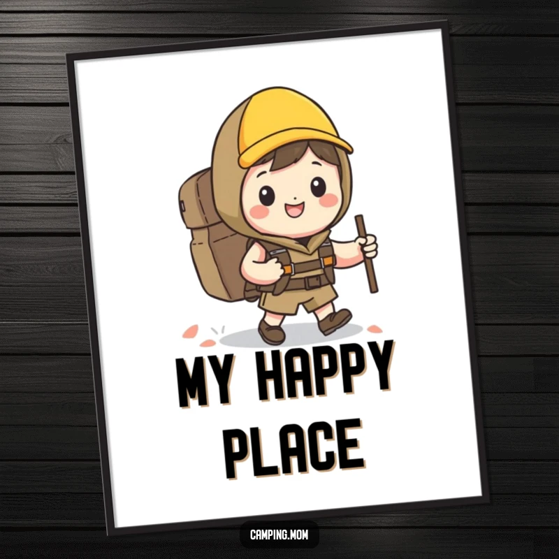 Funny Kawaii hiker poster showcasing a happy character with a backpack and grin, hiking through scenic nature.