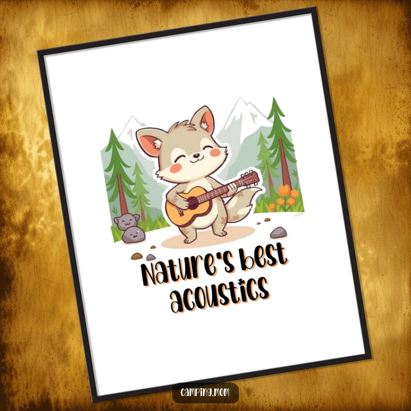 Funny animal character passionately playing a guitar surrounded by a wilderness landscape, presented as vibrant wall art.