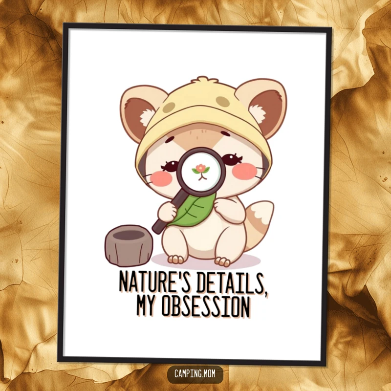 Funny camping mom animal with a magnifying glass, studying a leaf, adding a touch of humor to wall art.