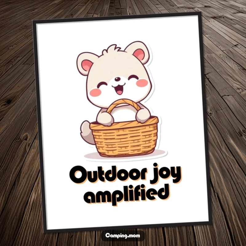Funny animal character with a radiant smile, unpacking a picnic basket outdoors, presented as cheerful wall art.
