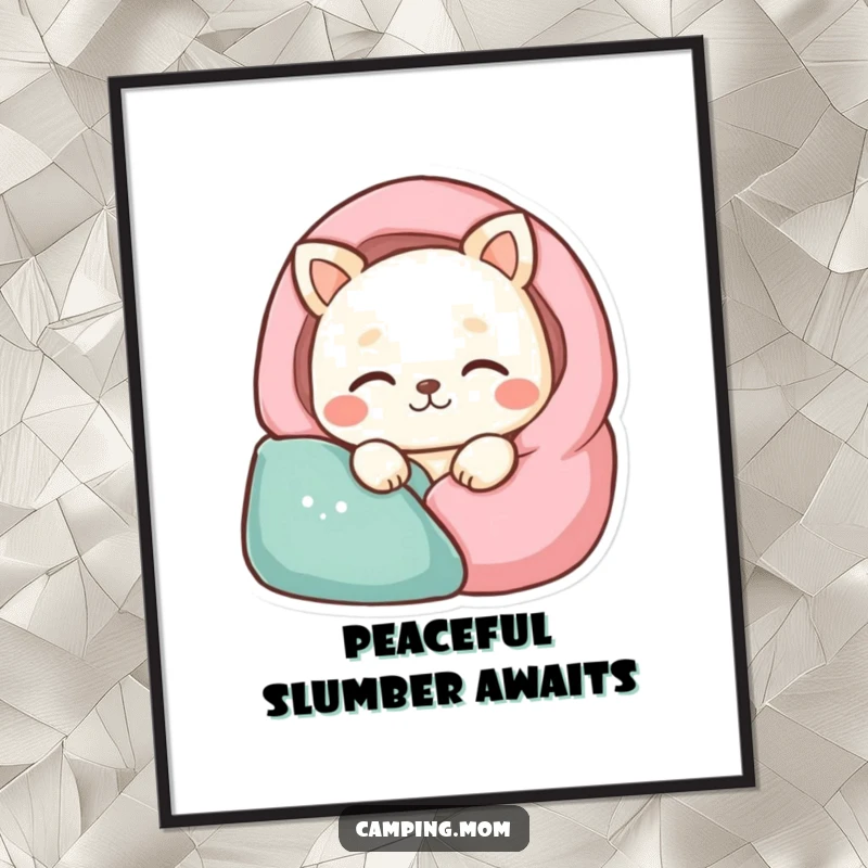 Funny animal character sleeping soundly in a stylized sleeping bag, creating a humorous and peaceful poster.