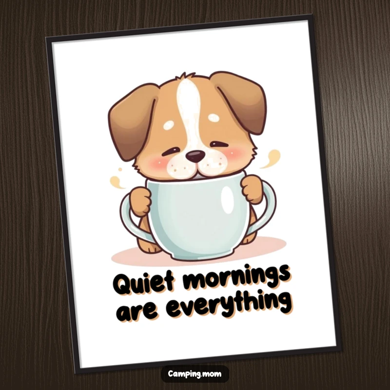 Funny dog sipping from a steaming mug with a contented sigh, as a charming wall art print.