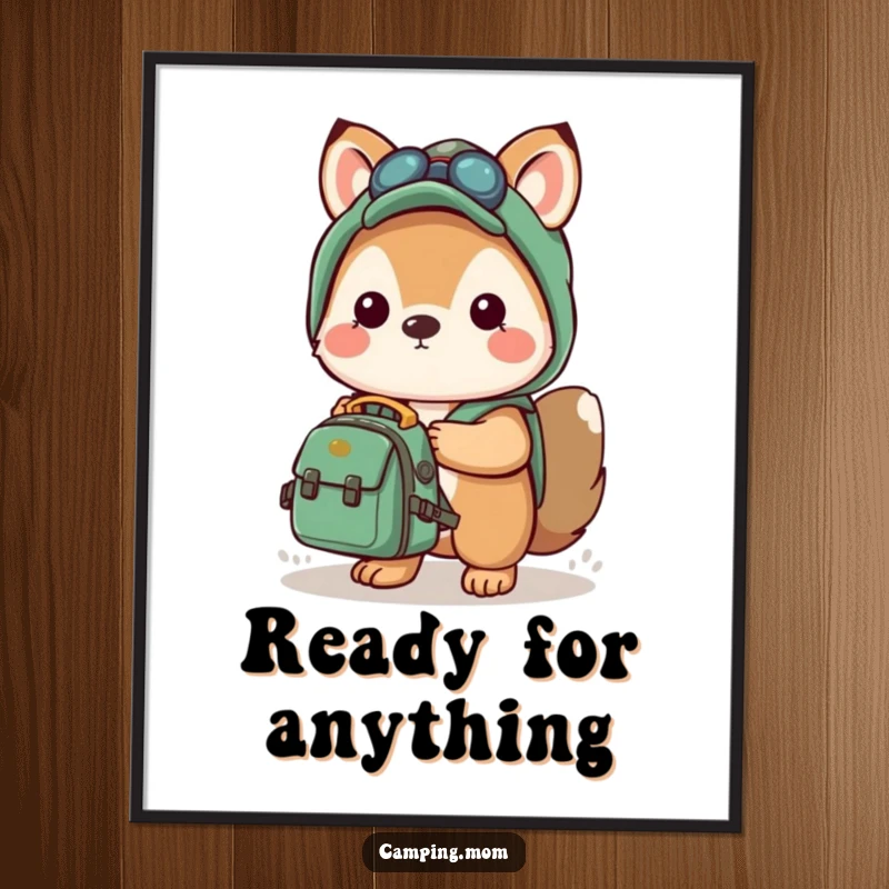 Funny poster print of a kawaii camping animal holding a small backpack, signaling readiness for exciting journeys.