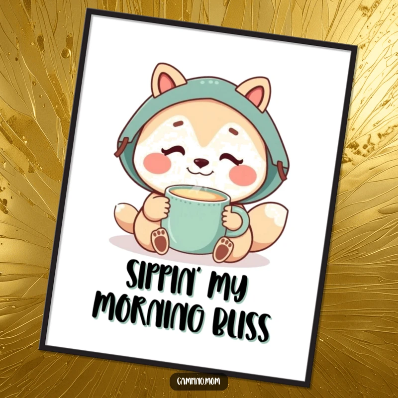 Funny camping mom animal enjoying a steaming mug, creating a peaceful and humorous wall art piece.