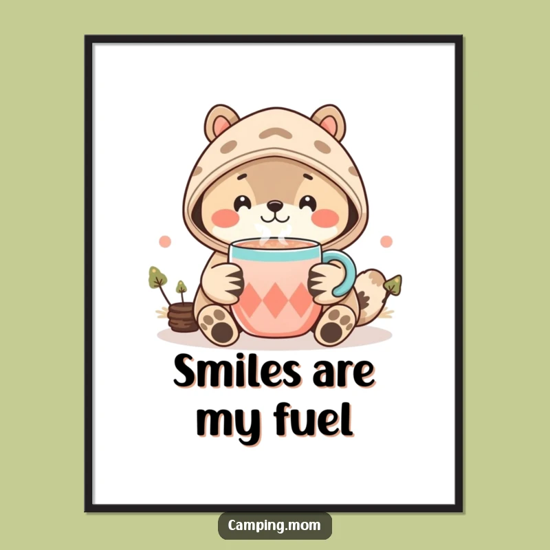 Funny Kawaii Camping Animal Poster - Cozy Smile Cocoa Wall Art Gift