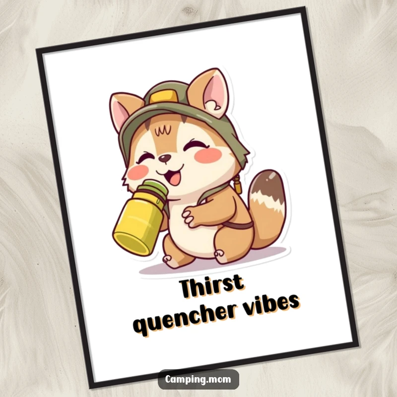 Funny camping animal character contentedly sipping from a canteen, presented as a refreshing piece of wall art.