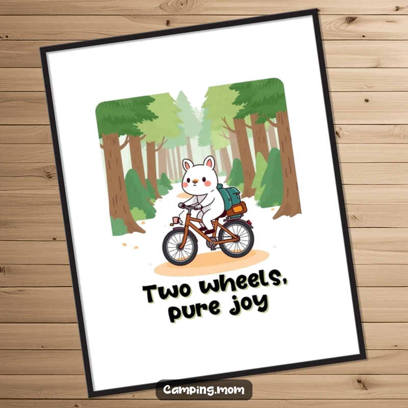 Funny camping animal poster print, playfully riding a bicycle down a forest path, capturing the joy of outdoor exploration.