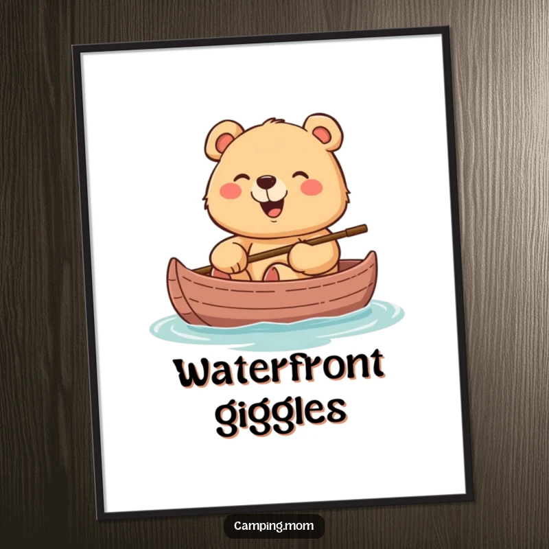 Funny poster of a cheerful mama bear giggling joyfully while seated in a canoe, evoking peace and fun.