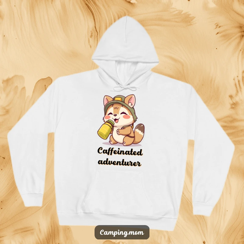 Funny camping animal character wearing a hoodie, contentedly sipping from a canteen, radiating warmth and humorous relaxation.