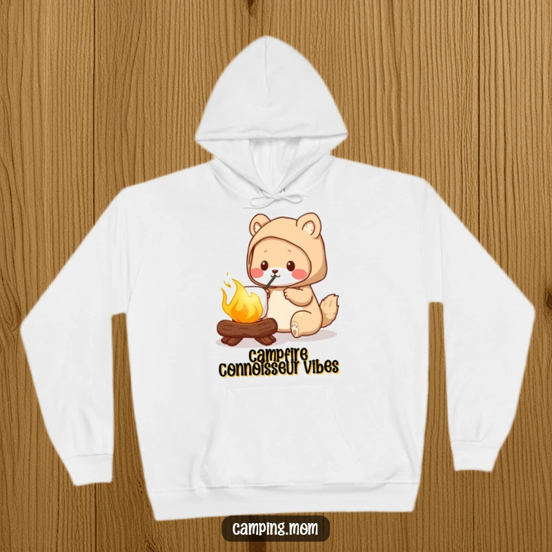 Funny camping mom hoodie, depicting a cozy scene of roasting a perfectly golden marshmallow, ideal for cool camping nights.
