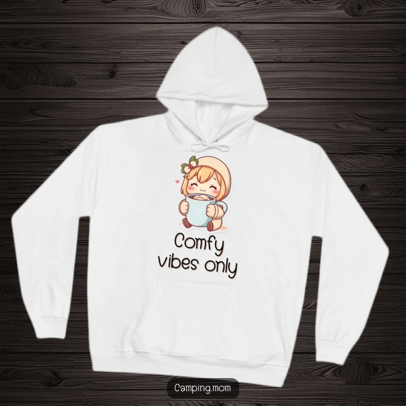 Funny hoodie illustration of a lovable character embracing a steaming mug of hot cocoa, radiating cozy vibes. A top funny gift choice.