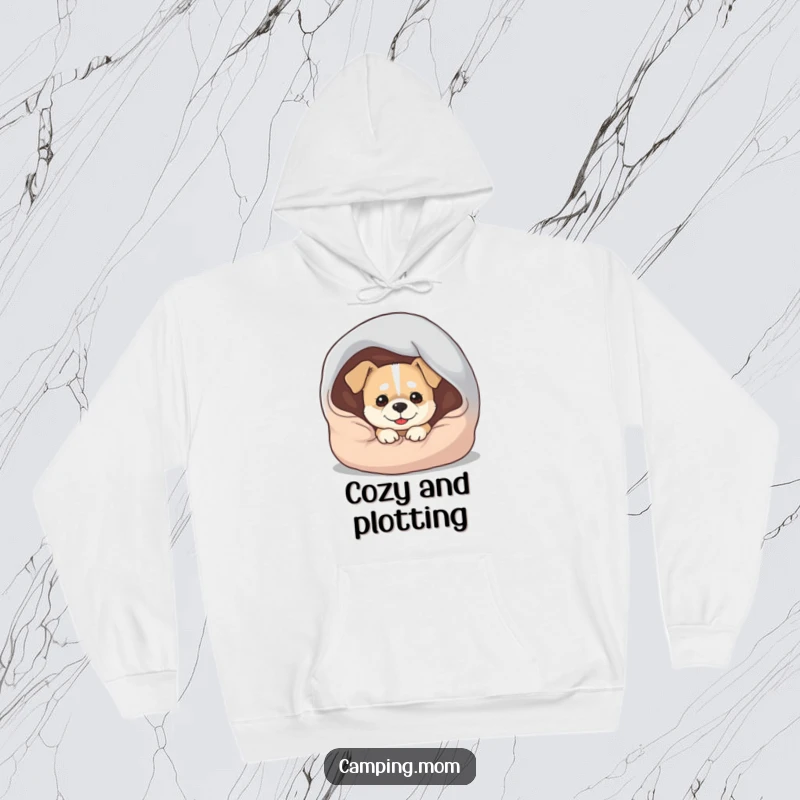 Funny Dog Hoodie: A warm hoodie showcasing a dog with a mischievous grin peeking out from under a sleeping bag.