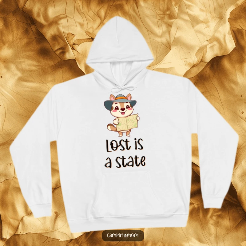 Funny animal character pointing at a detailed map, exuding determination, on a cozy hoodie, ideal for adventurers.