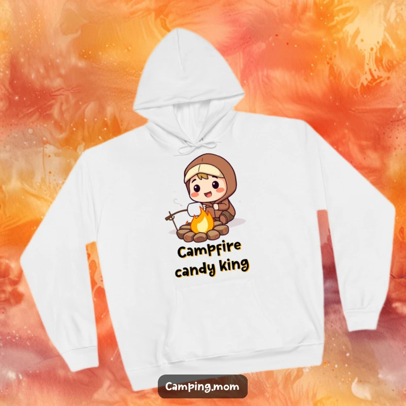 Funny hoodie showing a joyful camping character happily roasting a marshmallow over a bright, lively campfire.