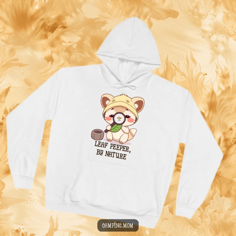 Funny camping mom animal with a magnifying glass, examining a leaf, designed for cozy and curious outdoor adventures.