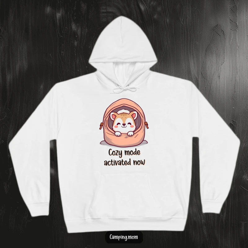 Funny camping animal hoodie, peeking with a joyful grin from a sleeping bag, offering warmth and a touch of playful humor.