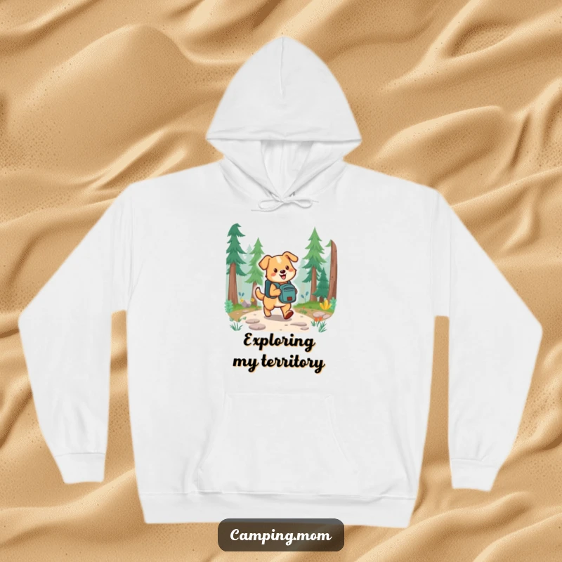 Funny dog loaded with a backpack, adventuring joyfully on a sun-dappled forest trail, a cozy warm hoodie.