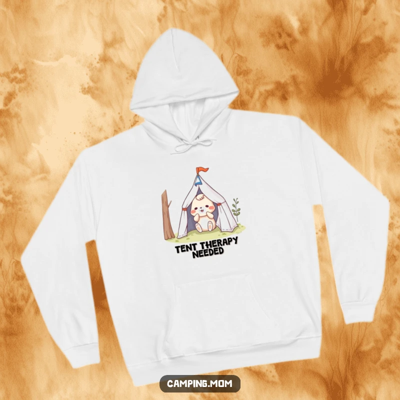 Funny animal character in a comical, losing battle with a small tent, on a warm hoodie.