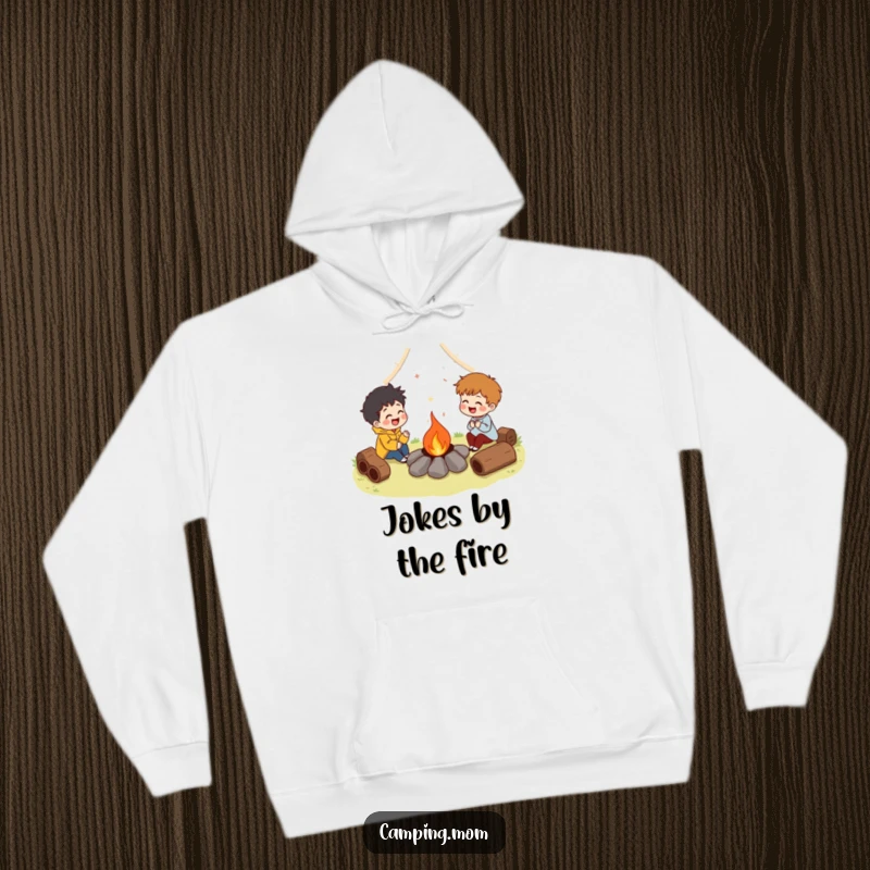 Funny hoodie illustration of characters laughing around a campfire, capturing the essence of shared joy and friendship. A top funny gift choice.