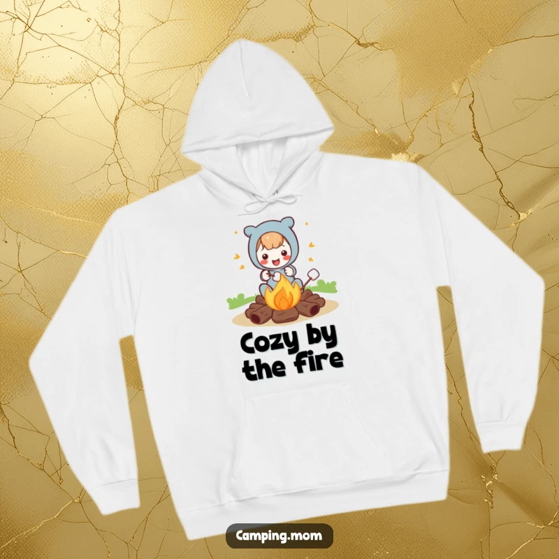 Funny hoodie design depicting a joyful character roasting marshmallows by a campfire, perfect for cozy, humorous outdoor vibes.