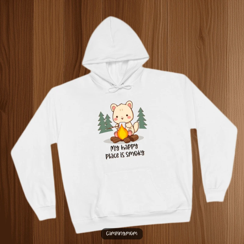 Funny camping animal hoodie, contentedly roasting a marshmallow over a mesmerizing campfire, radiating warmth and humorous delight.