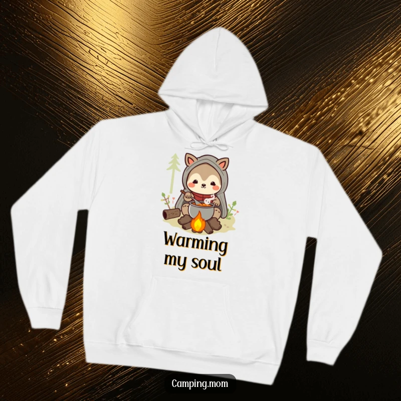 Funny camping mom animal character hoodie featuring a happy mom stirring stew over a campfire, perfect for warmth.