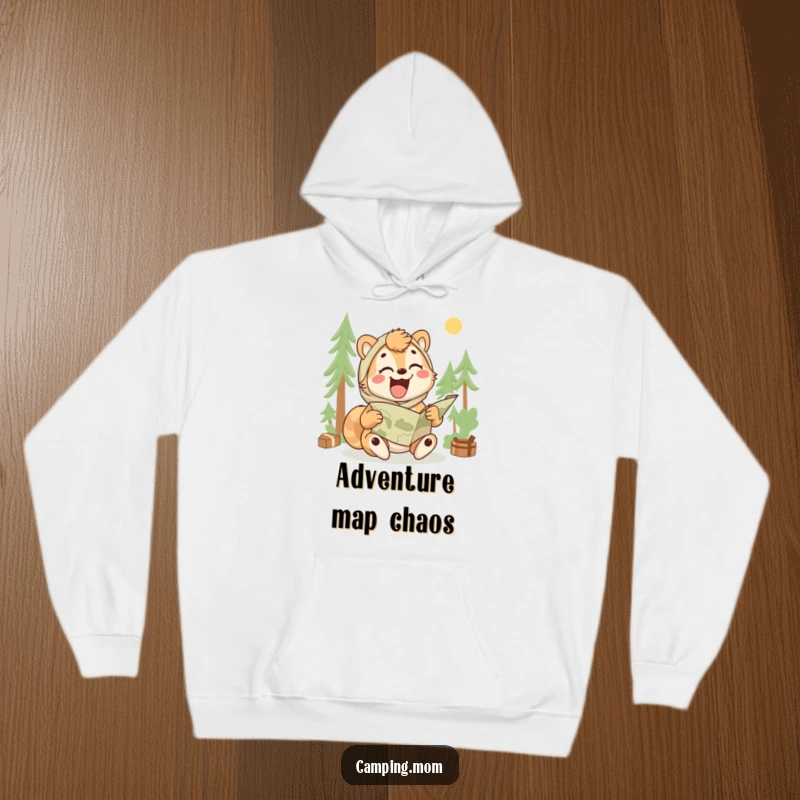 Funny camping mom hoodie featuring an animal laughing while trying to unfold a map, cozy and adventurous.